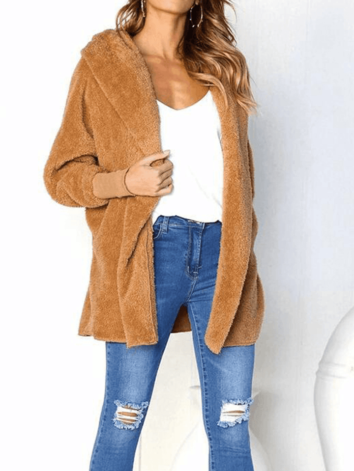 Women Pure Color Fleece Long Sleeve Hooded Coats - MRSLM
