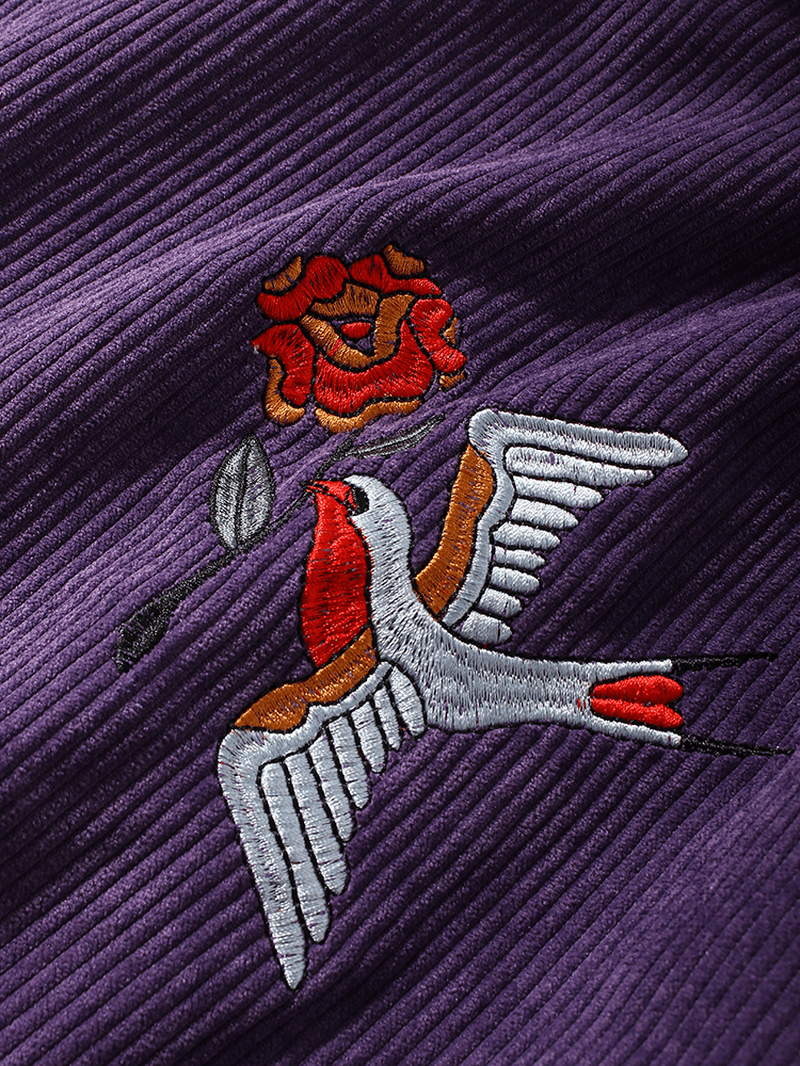 Mens Bird Embroidered Corduroy Overhead Casual Drawstring Hoodies - MRSLM