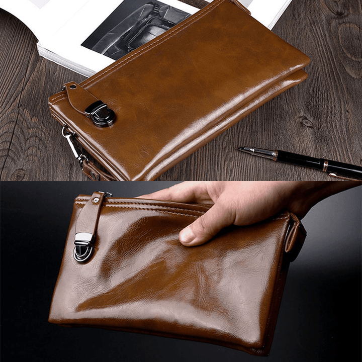 Men Faux Leather Anti-Theft Retro Business 6.3 Inch Phone Bag Hand Carry Wallet Clutch Bag with Wrist Strap - MRSLM