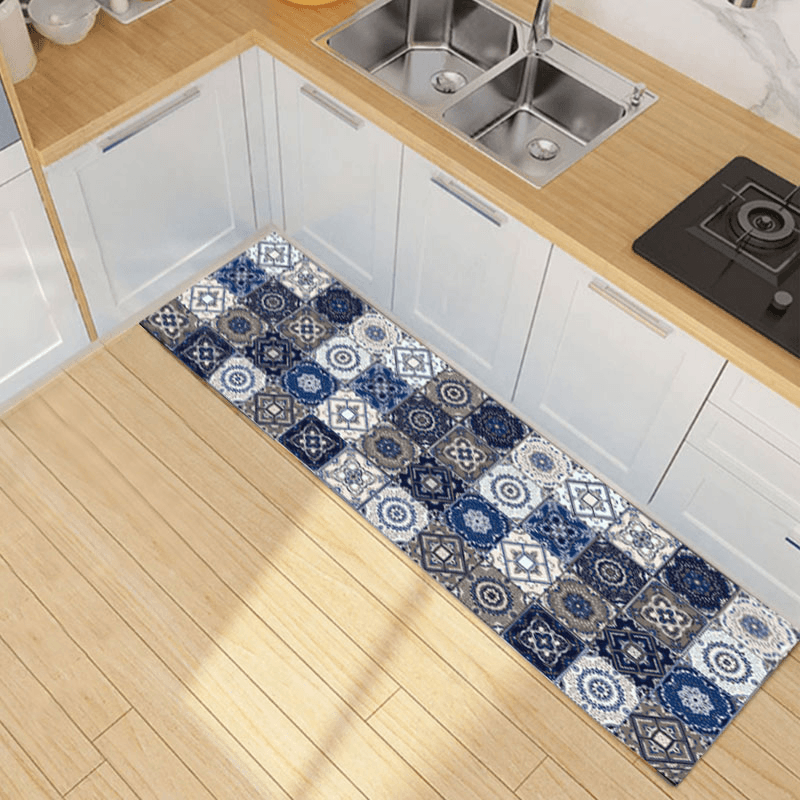 Bohemian Style Polyester Fiber Blue Floor Mat Slip Resistance Carpet Long Pad for Kitchen Living Room Bedroom Balcony - MRSLM