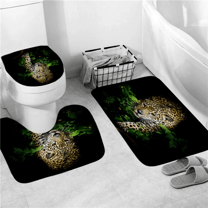 3D Leopard Pattern Shower Curtain Anti-Slip Bath Mat Toilet Pad Set Toilet Pattern Carpet for Home Bath Decor - MRSLM