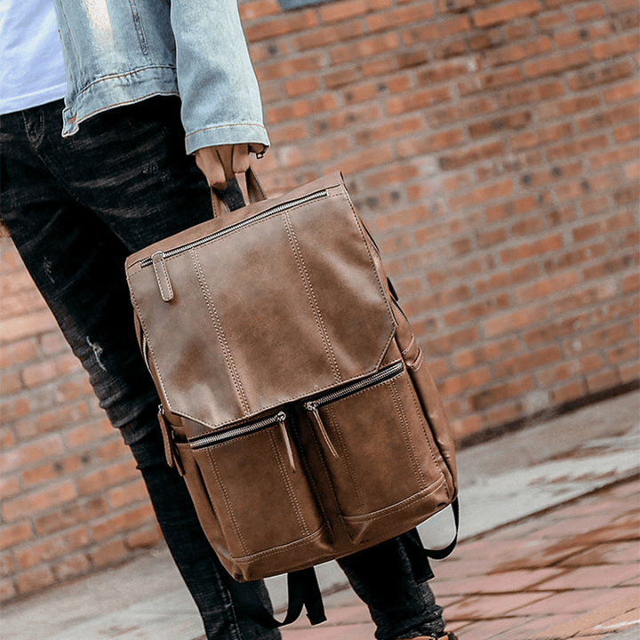 Men PU Leather Retro Business Casual Style Large Capacity 14 Inch Laptop Bag Student School Bag Travel Backpack - MRSLM