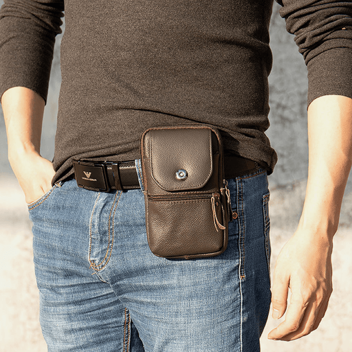 Men Genuine Leather Multifunctional Vintage 6.3 Inch Phone Bag Card Case Cowhide Waist Bag - MRSLM