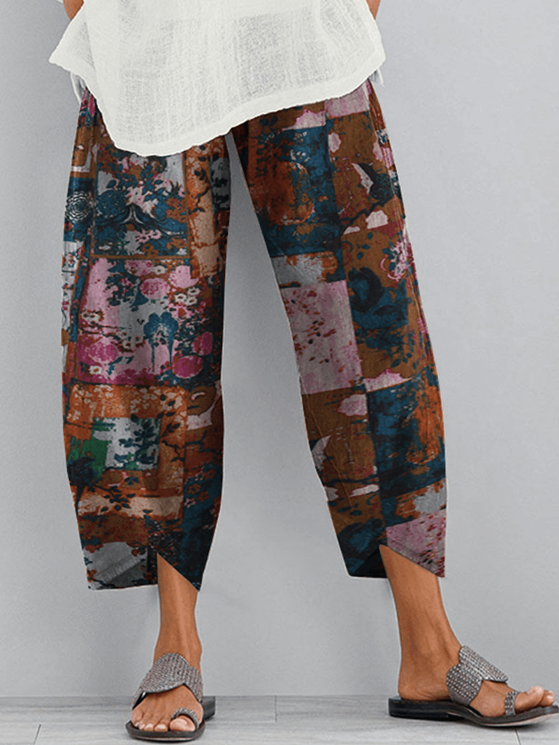 Floral Print Elastic Wasit Loose Irregular Hem Pocket Pants for Women - MRSLM