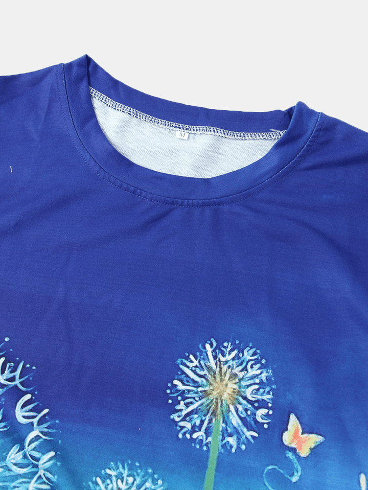 Women Flower Printed Ombre Long Sleeve O-Neck Daily T-Shirt - MRSLM