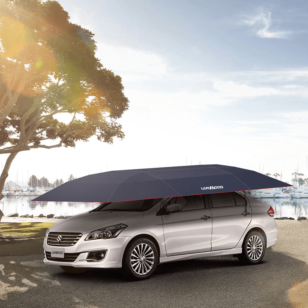 Lanmodo Automatic Car Umbrella Cover Tent Remote Control Portable Waterproof UV Proof Sun Shade Carport Waterproof All Weather Dual-Use Navy Blue with Stand - MRSLM