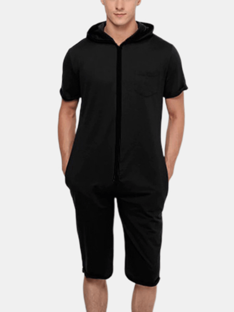 Men Solid Color Hooded Pocket Short Sleeve Home Jumpsuit Zipper Sleepwear - MRSLM