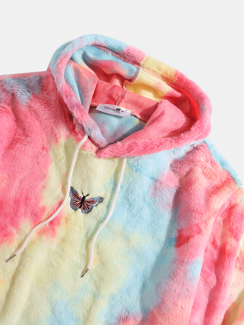 Butterfly Embroidered Tie Dye Pocket Long Sleeve Fluffy Hoodies - MRSLM