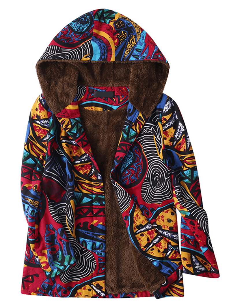 Vintage Women Winter Full Sleeve Abstract Printed Button Hooded Coats - MRSLM