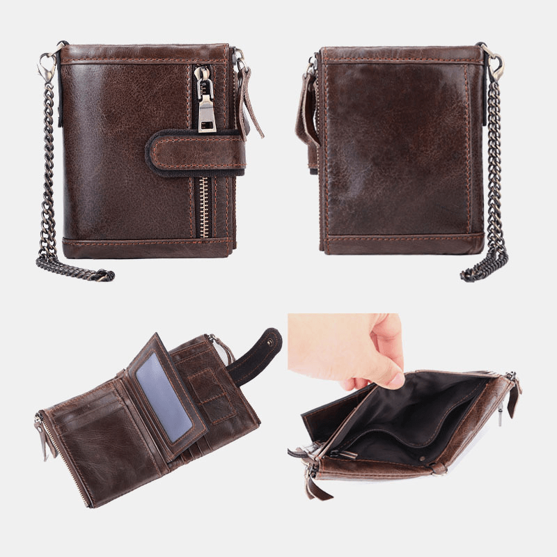 Men Genuine Leather RFID Anti-Theft Retro Zipper Cowhide Chain Multi-Slot Card Holder Wallet - MRSLM