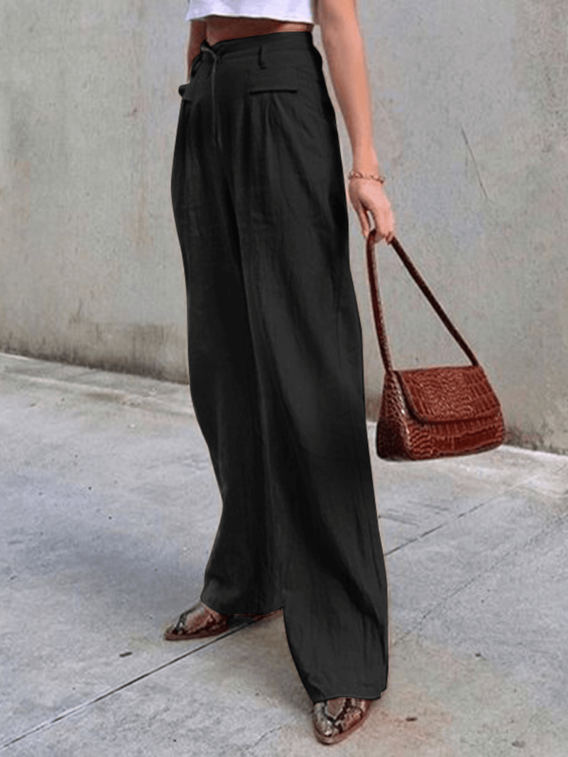 Women Zipper High Waist Wide Leg Pants Solid Color Casual Trousers with Pocket - MRSLM
