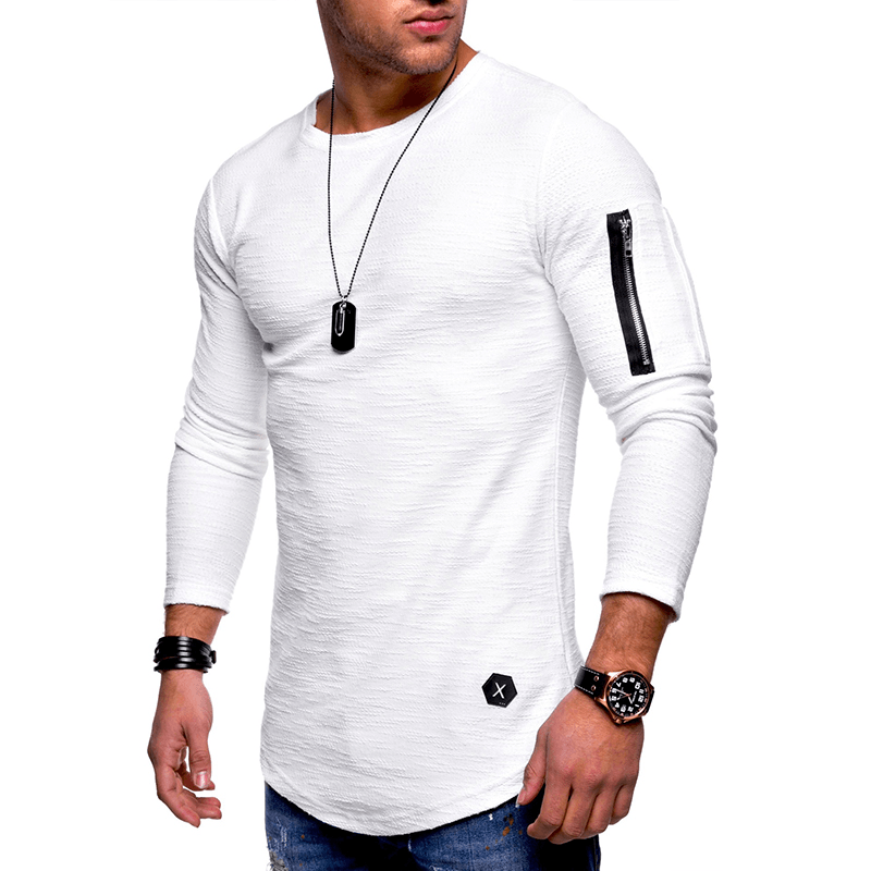 Mens Breathable Solid Color Irregular Hem Zipper O-Neck Long Sleeve Slim Casual T-Shirts - MRSLM