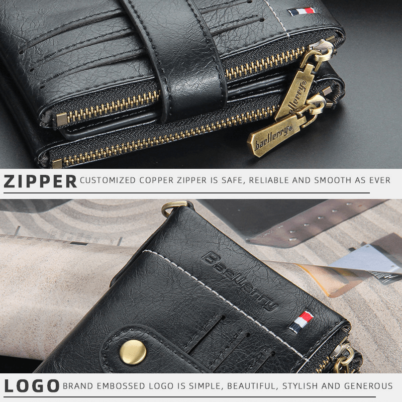 Men PU Leather Short Bifold Double Zipper Multi-Card Slot Card Holder Retro Coin Purse Money Clip Wallet - MRSLM