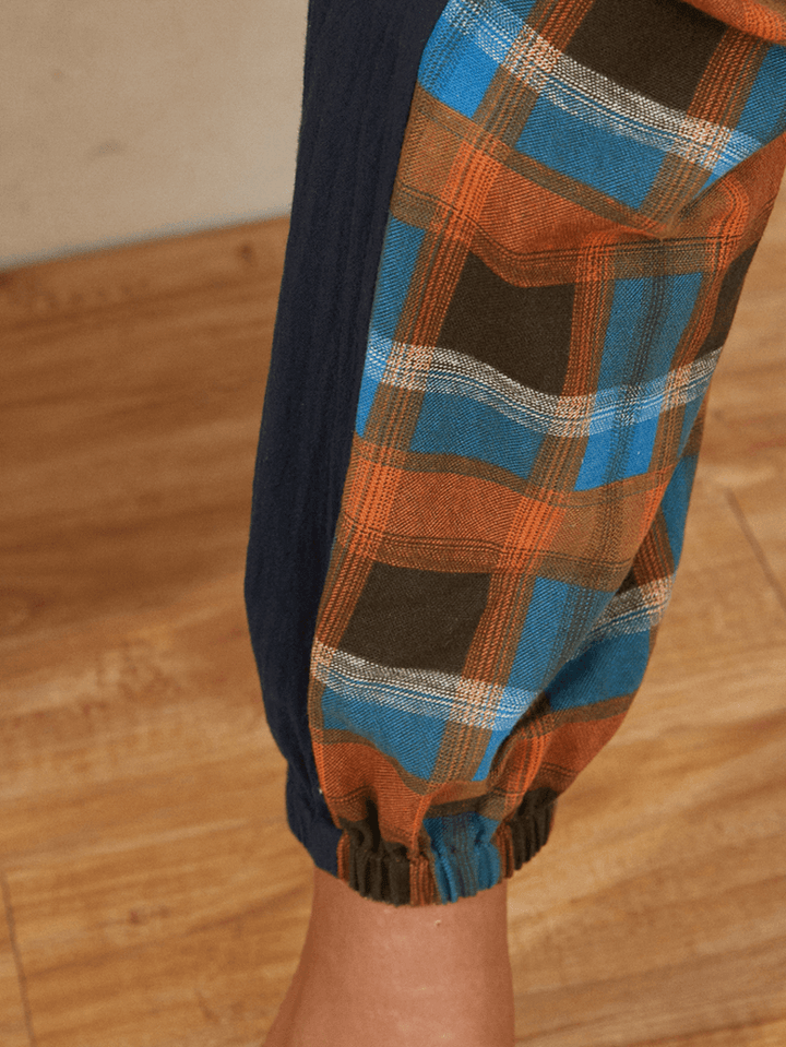 Plaid Print Elastic Waist Color Block Patchwork Pocket Harem Pants for Women - MRSLM