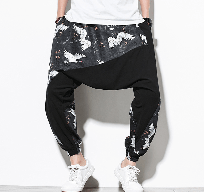 Chinese Style Crane Print Big Crotch Cotton and Linen Casual Pants - MRSLM