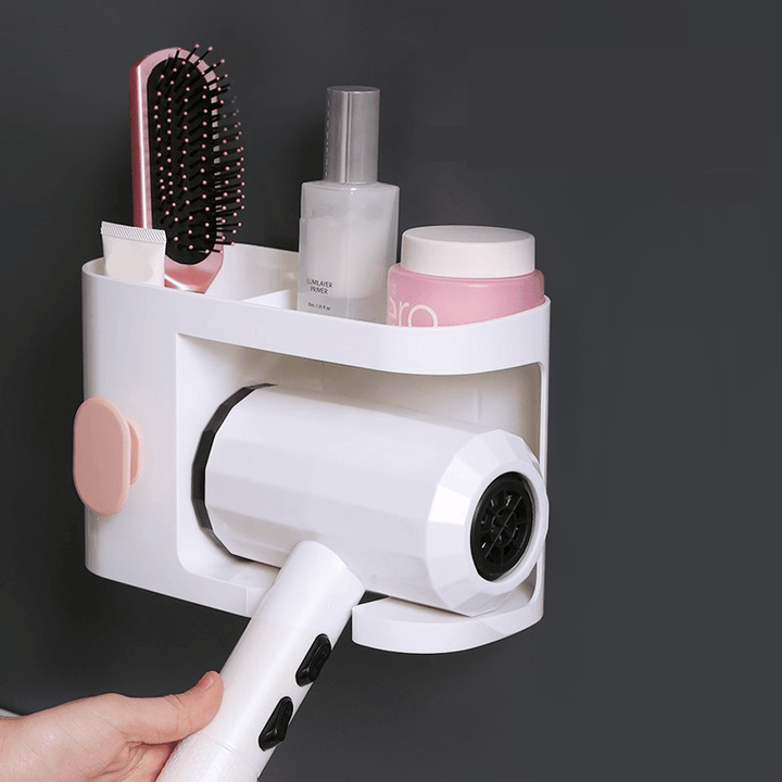 Multifunction Adhesive Hair Dryer Holder Bathroom Hair Blow Drier Holder with Hair Care Tools Storage Baskets - MRSLM