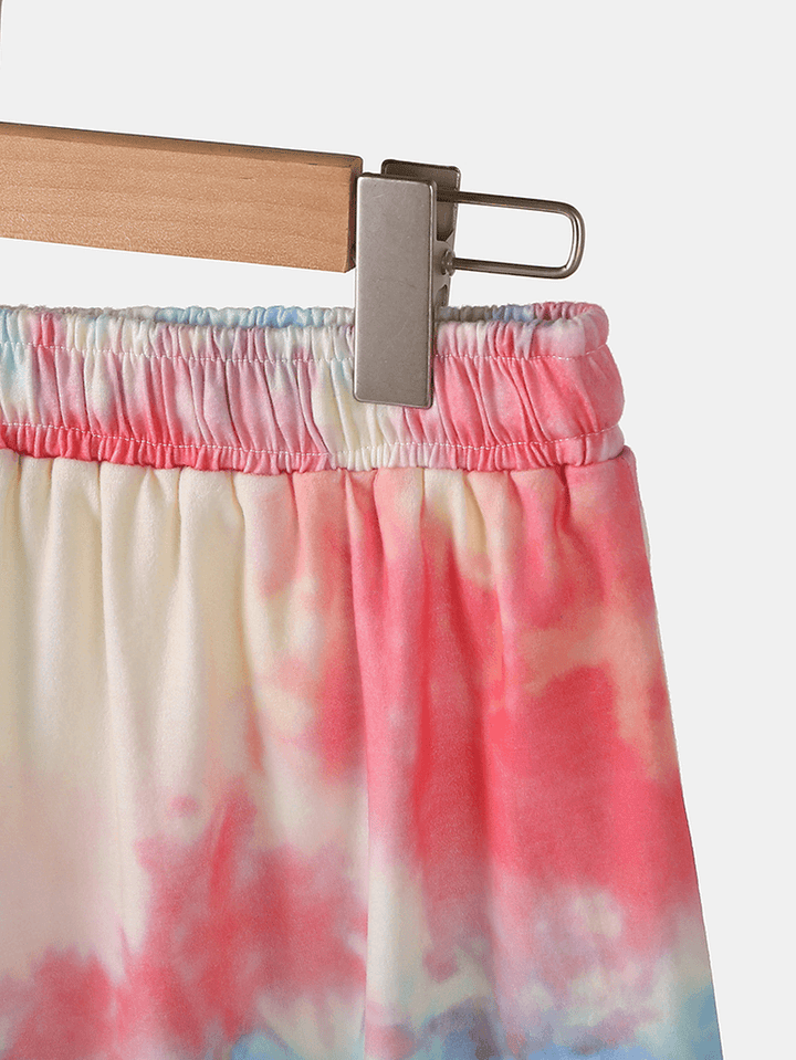Plus Size Women Tie-Dye Short Sleeve Drawstring Casual Pajama Set - MRSLM