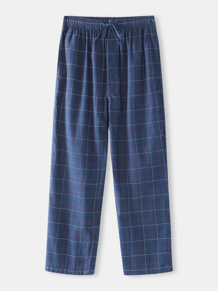 Cotton Mens Simple Plaid Print Pocket Drawstring Home Pajama Pants - MRSLM
