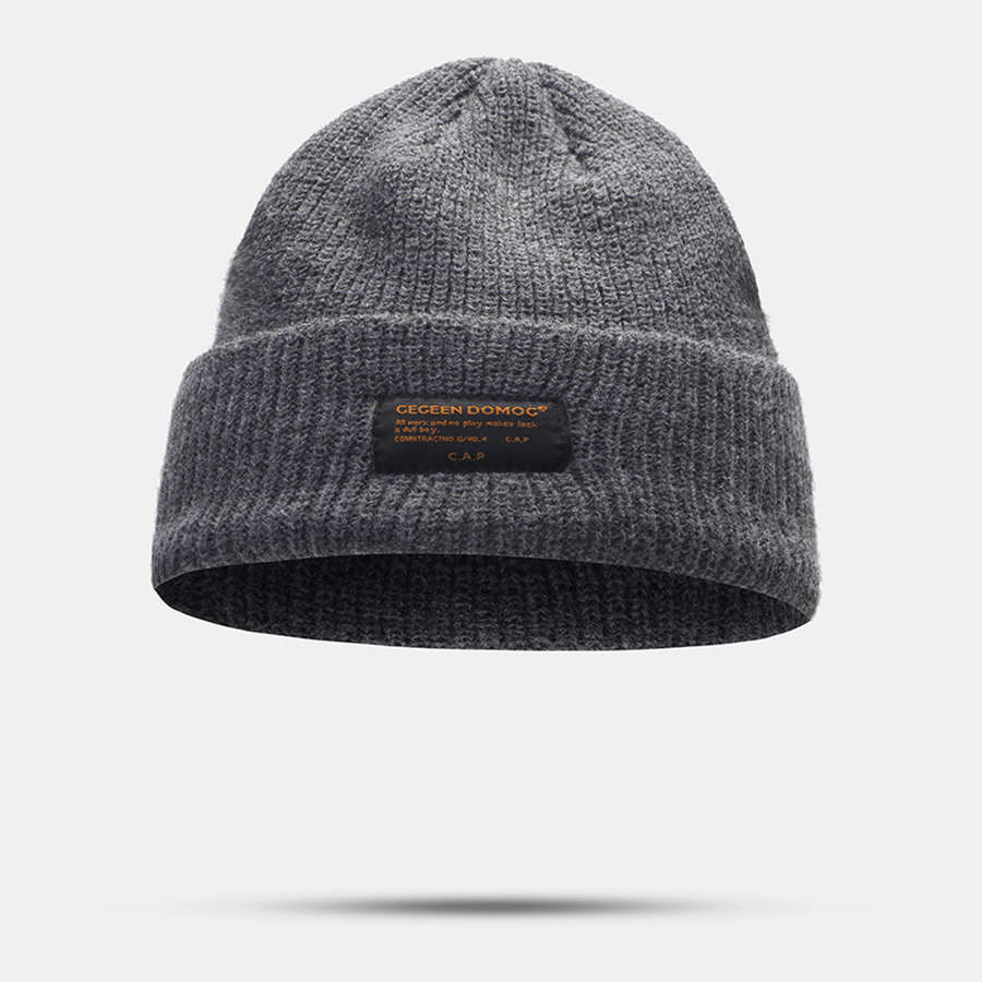 Unisex Woolen Letter Label Patch Knitted Hat Retro Casual Winter Warm Adjustable Brimless Beanie Cap - MRSLM