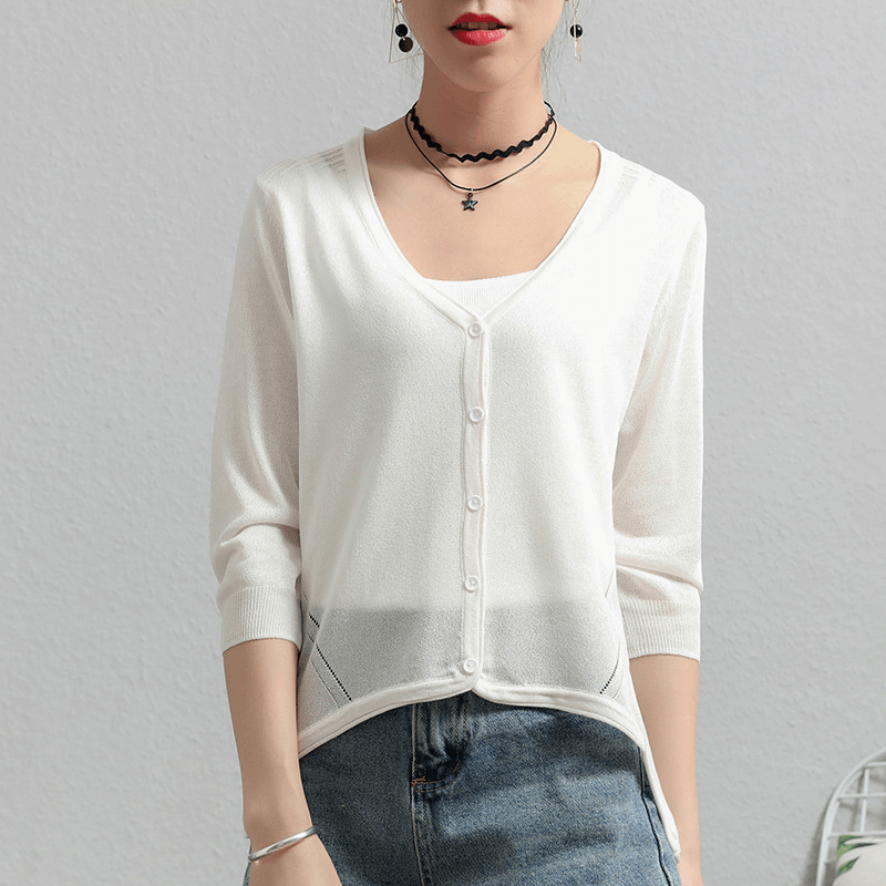Thin Section Short Paragraph Ice Silk Sunscreen Shirt Seven-Point Sleeve Sweaters - MRSLM