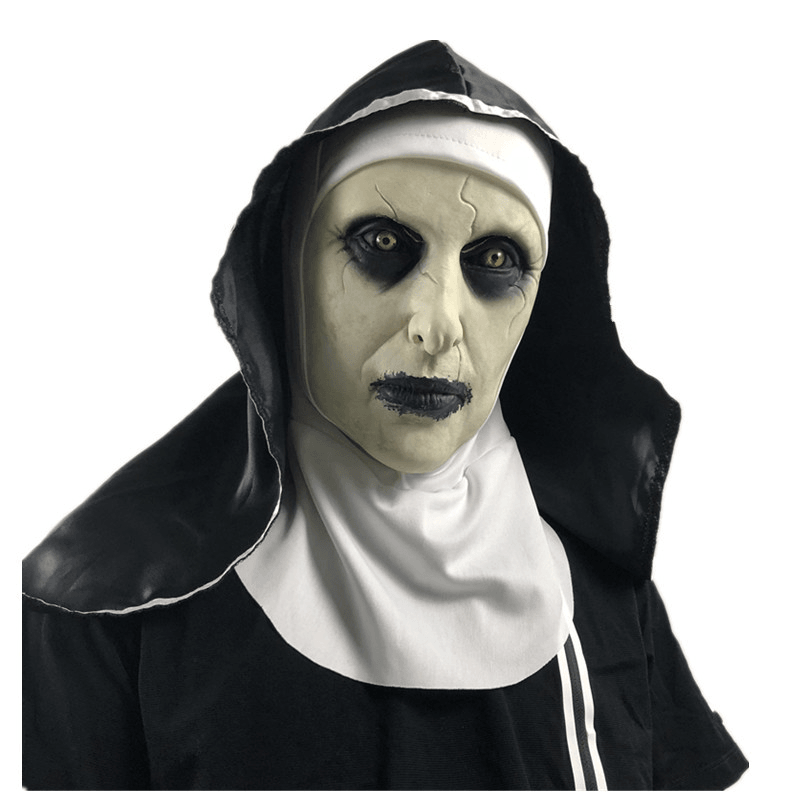 Halloween Scared Female Ghost Headgear Nun Horror Valak Scary Latex Mask Party Trick Props with Headscarf - MRSLM