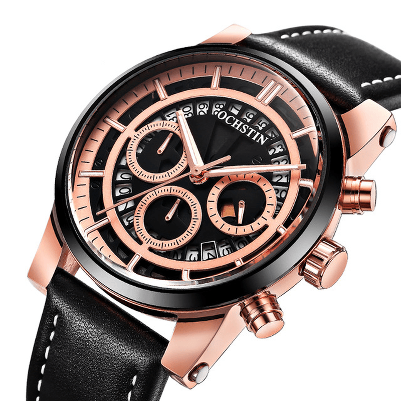 OCHSTIN GQ6110A Luminous Display Men Wrist Watch Chronograph Leather Strap Quartz Watches - MRSLM