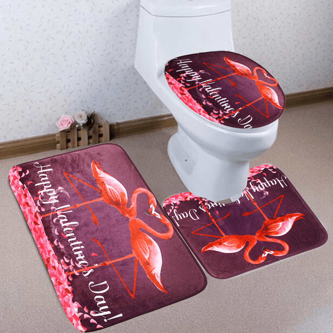 180X180Cm Flamingo Valentine'S Day Bathroom Shower Curtains Toliet Mat Rug + Hook - MRSLM