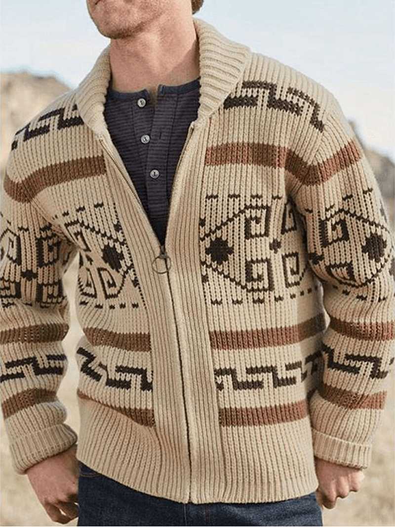 Mens Ethnic Print Zipper Knitted Casual Slim Fit Long Sleeve Cardigan Sweater - MRSLM