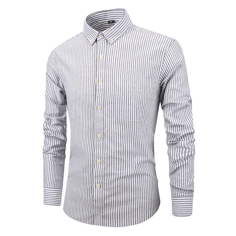 Mens Long Sleeve Slim Casual Cotton Striped Oxford Shirts - MRSLM