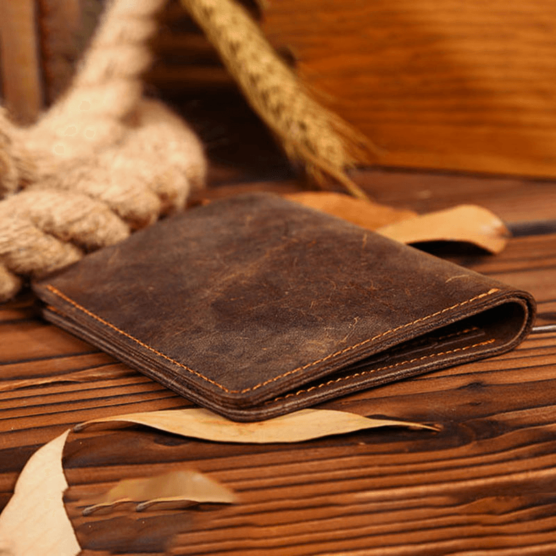 Men Genuine Leather Retro Money Clip Foldable Card Holder Wallet Short Wallet - MRSLM