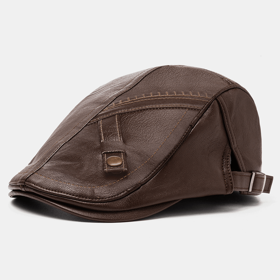 Collrown Men PU Leather Solid Color Casual Vintage Adjustable Forward Hat Beret Hat - MRSLM