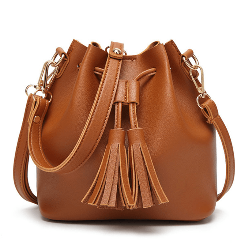 Women PU Leather Drawstring Bucket Bags Retro Tassel Shoulder Bags Crossbody Bags - MRSLM