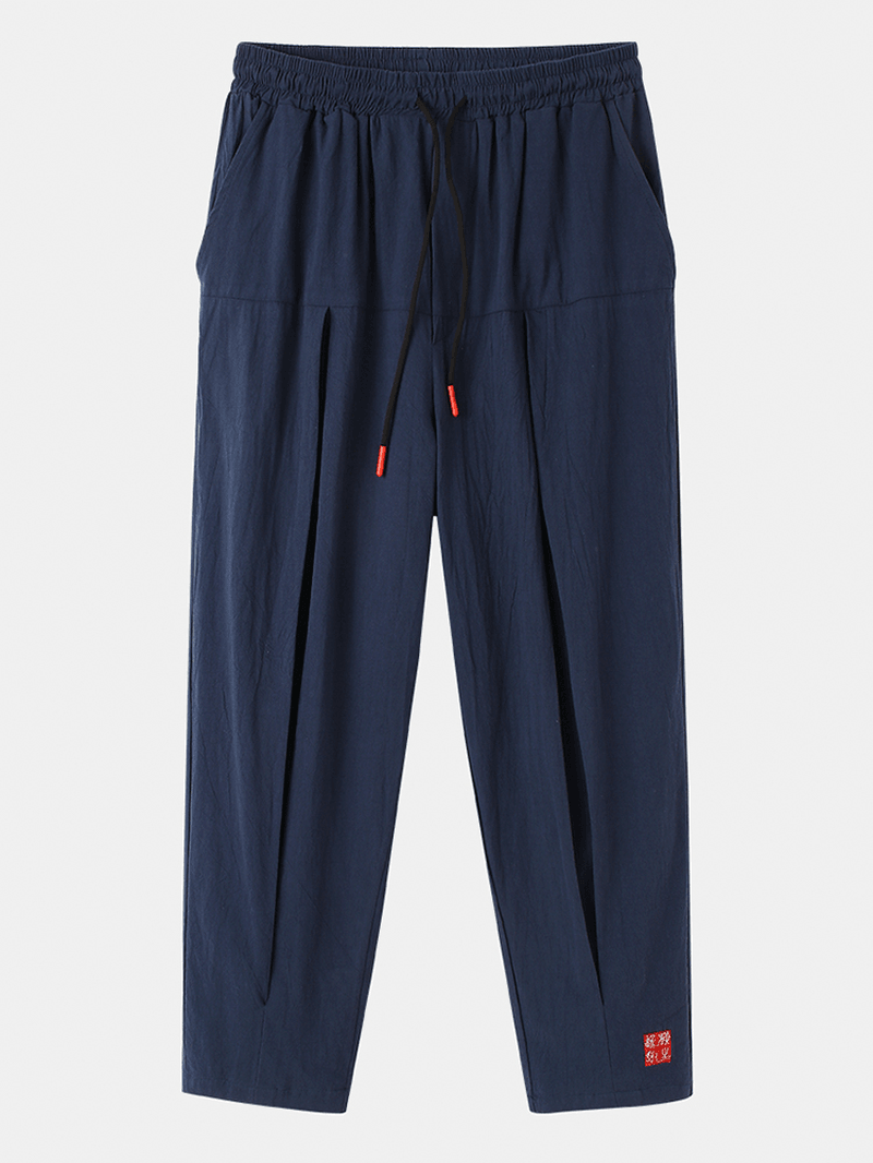 Mens Linen Chinese Style Pleated Pocket Drawstring Pants - MRSLM
