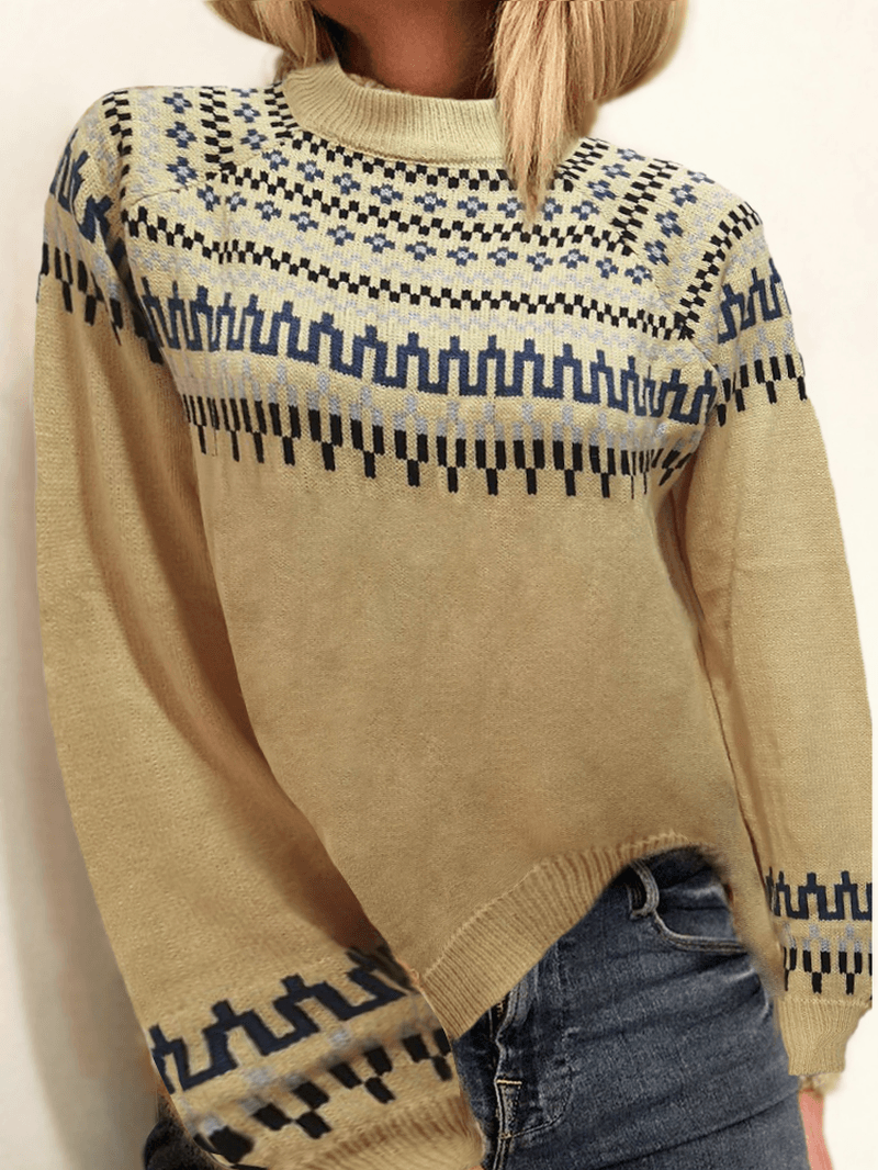 Women Vintage Jacquard Printed Half Collar Casual Pullover Knitted Sweater - MRSLM