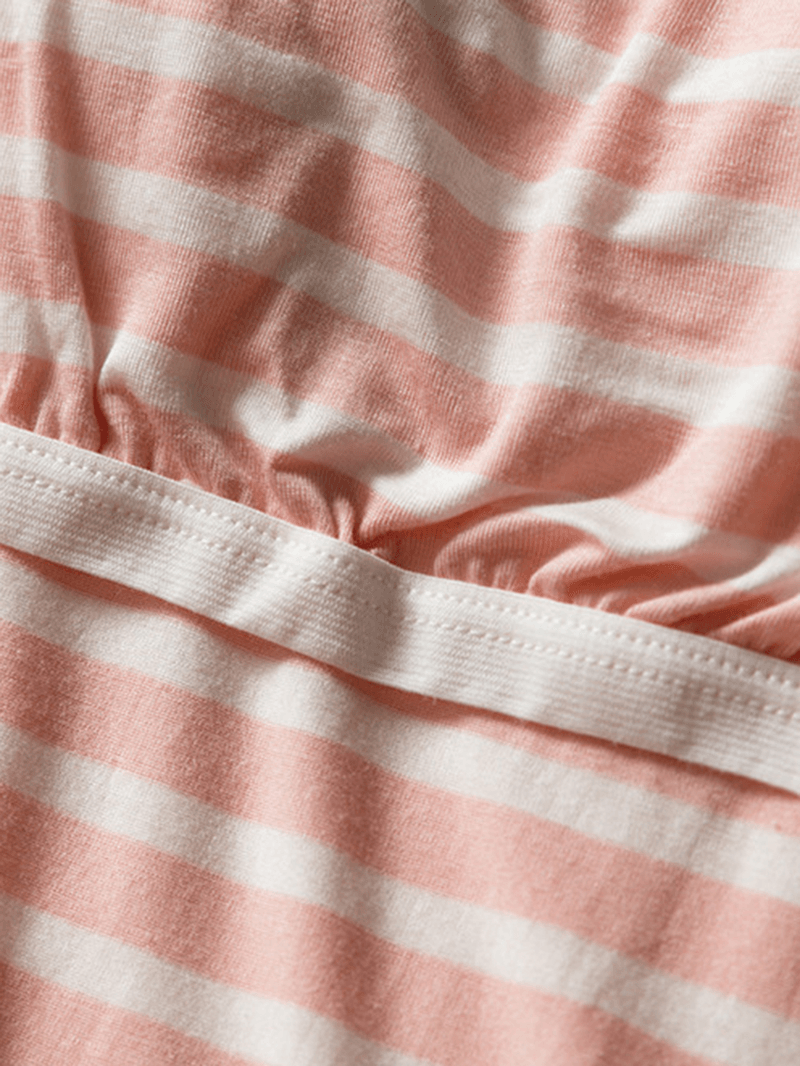 Women Stripe Chest Pads Short Sleeve Top Drawstring Loose Pants Home Modal Pajama Set - MRSLM