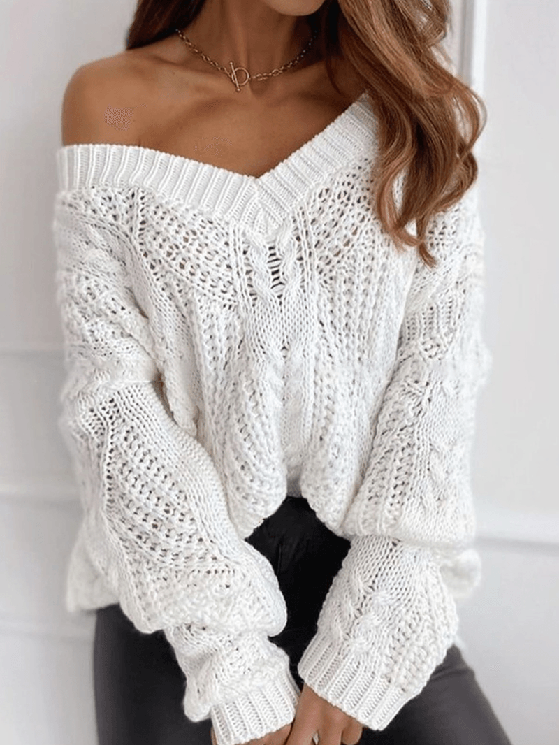 Women V-Neck Solid Color Knitting Hollow Out Casual Sweaters - MRSLM
