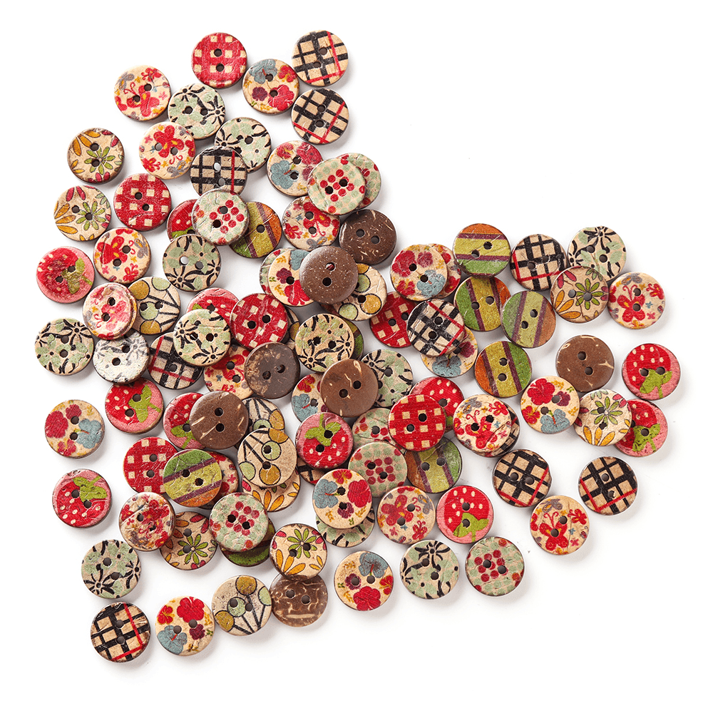 100 PCS round Pattern Wooden Button Mixed 2 Hole Natural Sewing Children Handmade Clothes Buttons - MRSLM