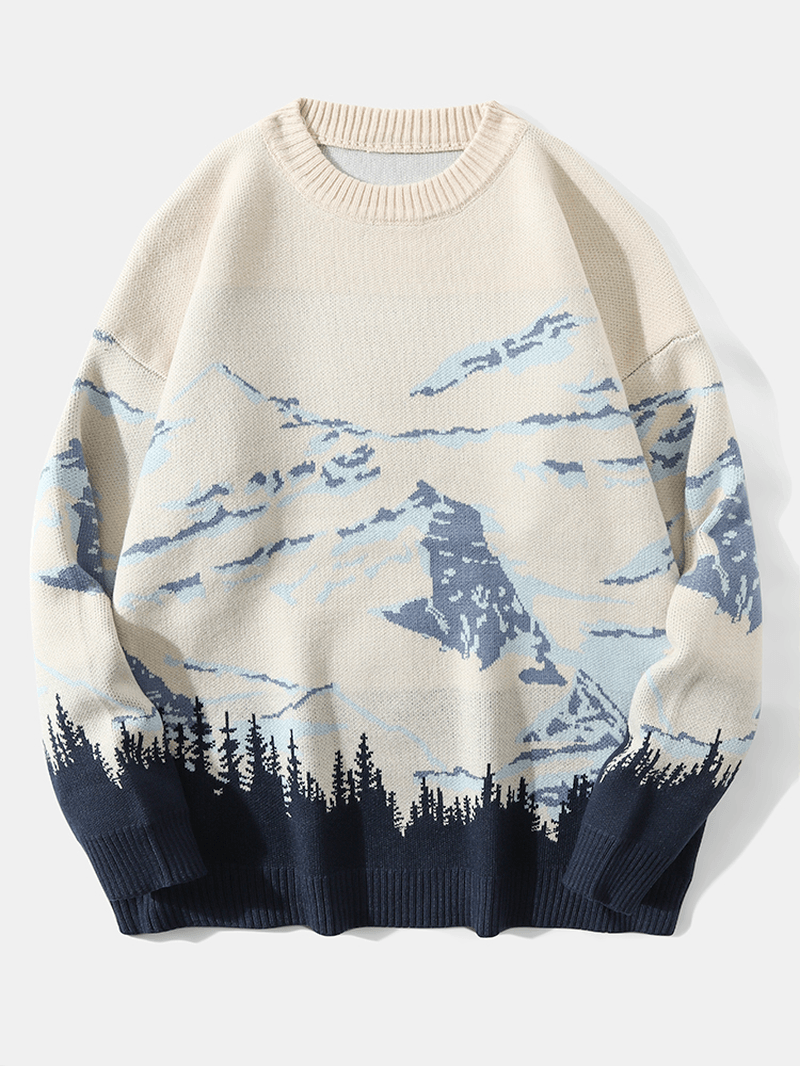 Men Landscape Mountain Drop Shoulder Loose Pullover Knitted Sweaters - MRSLM