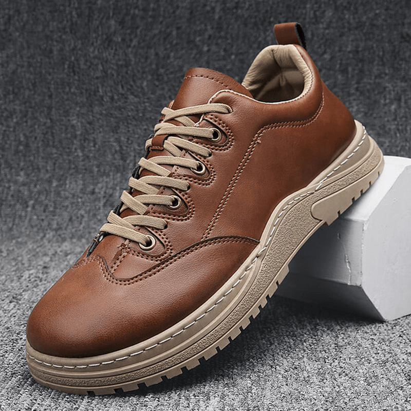 Men Genuine Leather Breathable Soft Thick Bottom Non Slip Lace up Solid Leisure Shoes - MRSLM