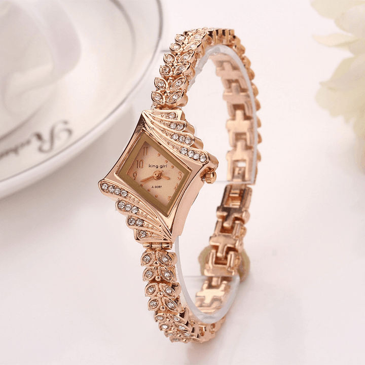 Fashion Ladies Dress Watch the Diamond Shape Crystal Leaf Women Bracelet Quartz Watch - MRSLM