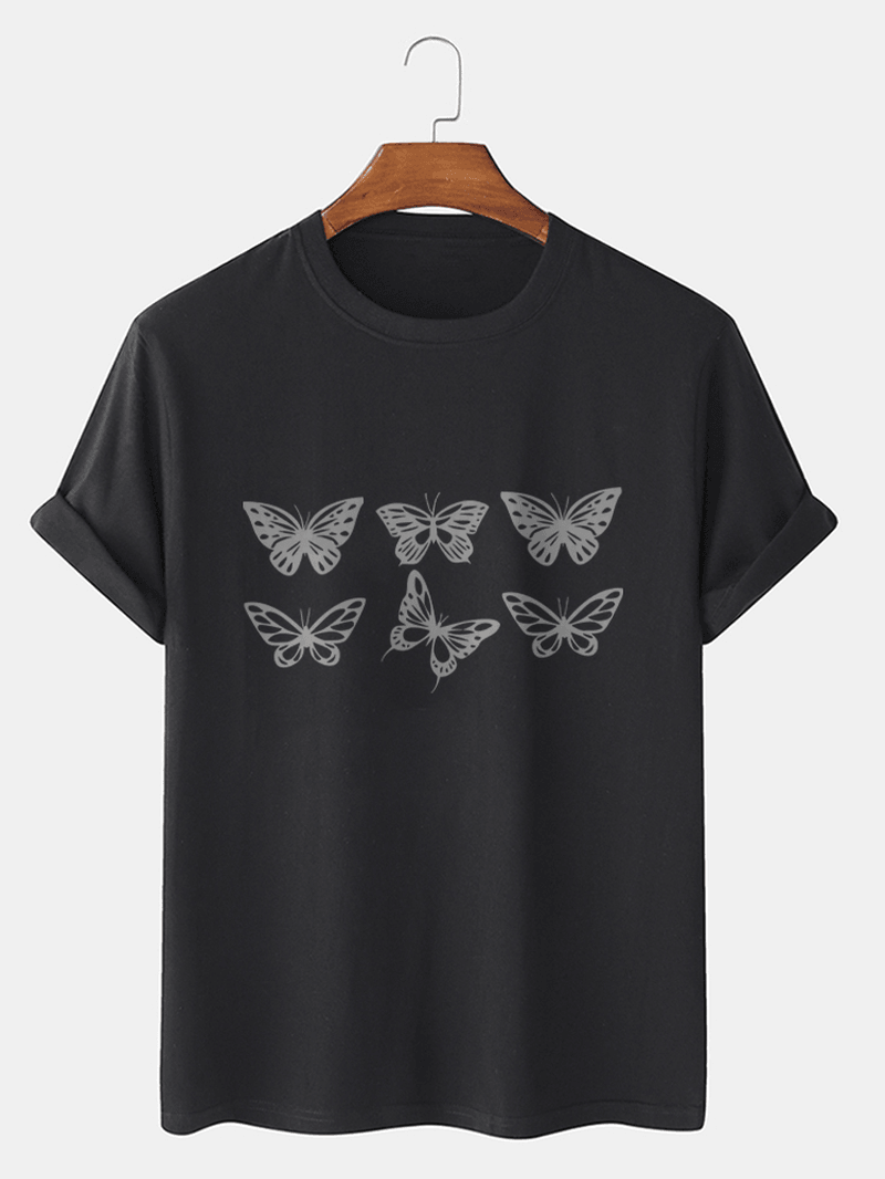 Mens 100% Cotton Butterfly Graphics Crew Neck Short Sleeve T-Shirts - MRSLM