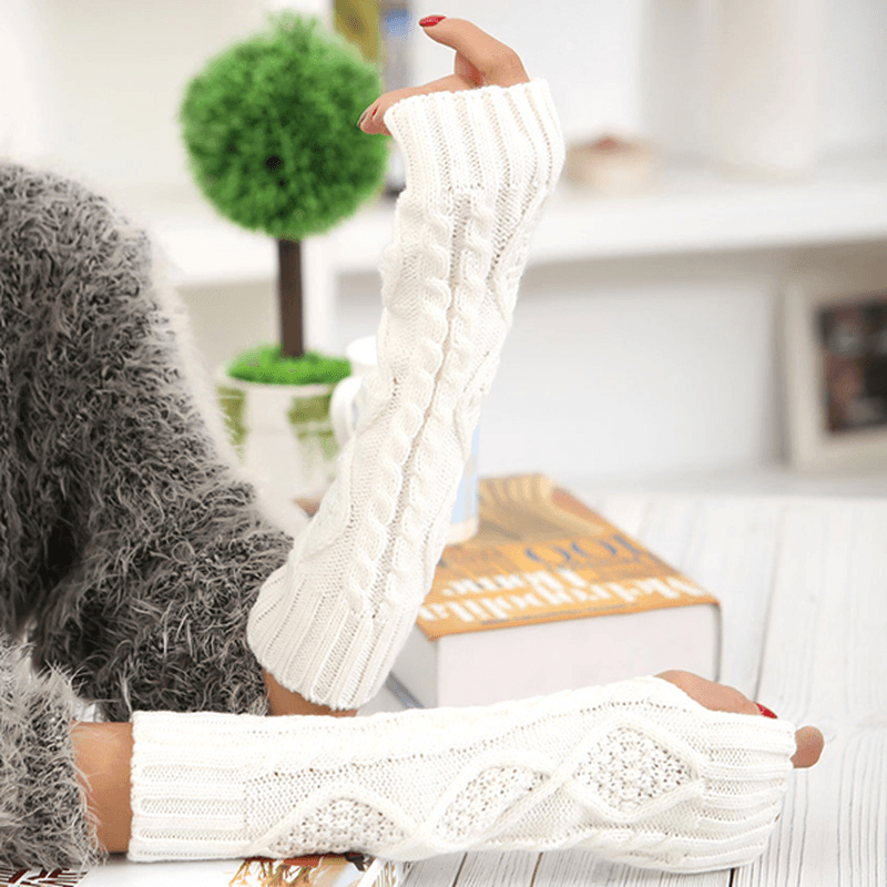 Women Winter Warm Knitting Fingerless Long Sleeve Gloves Casual Rhombic Pattern Gloves - MRSLM