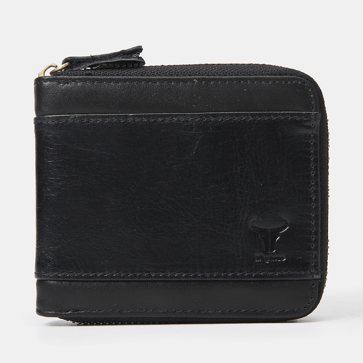 E Ekphero Men Genuine Leather RFID Anti-Theft Zipper Retro Business Multi Card Slot Leather Card Holder Wallet - MRSLM