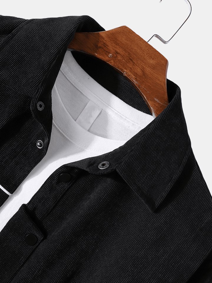 Mens Corduroy Contrast Binding Lapel Plain Long Sleeve Black Shirts - MRSLM