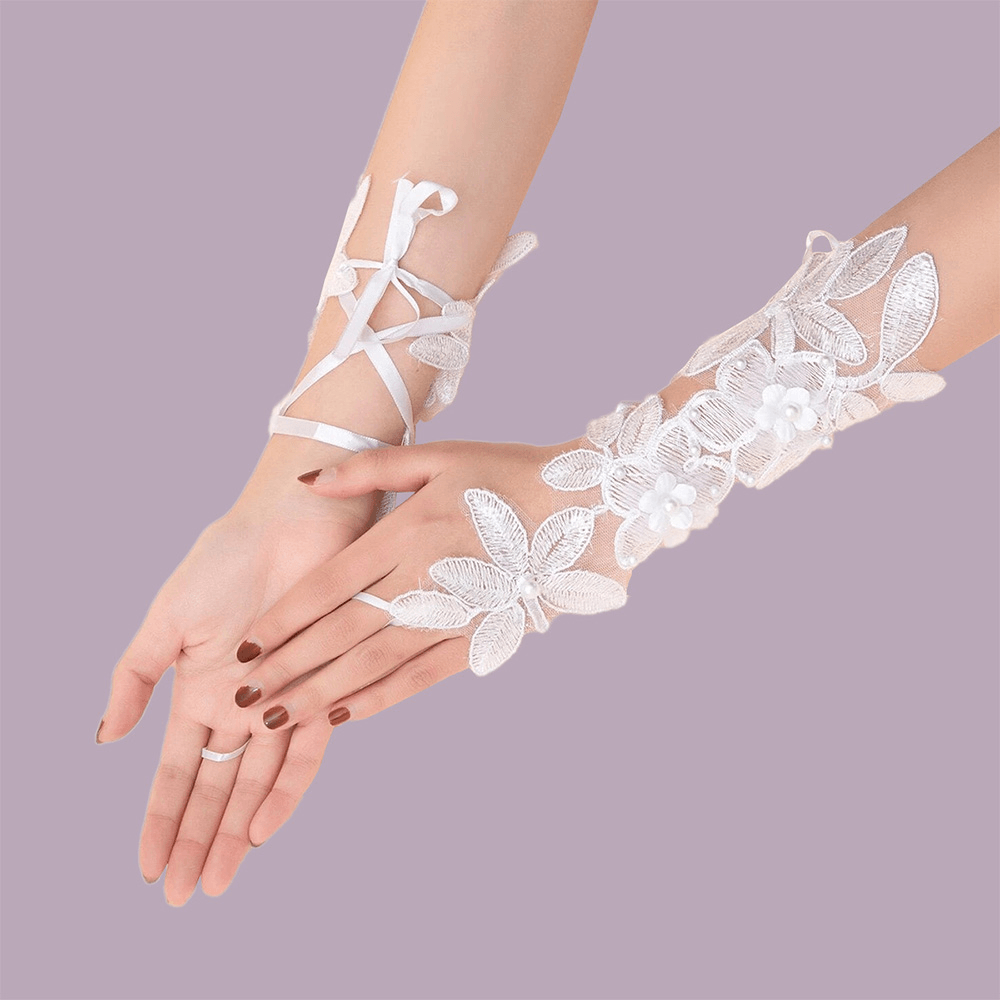 Women Mid-Length Lace Flowers Bandage Decorative Breathable Split Finger Gloves Sun Protection Sleeves - MRSLM