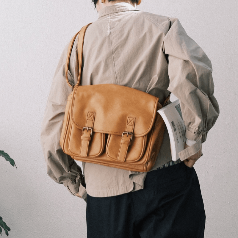 Men Vintage Waterproof Multi-Pockets Flap-Over Faux Leather Crossbody Bag - MRSLM