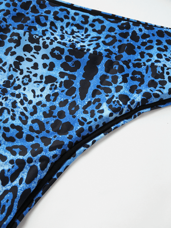 Women Leopard Print Tie Front Wide Shoulder Strap High Waist Bikinis - MRSLM