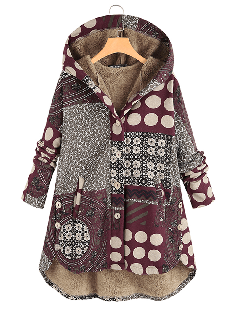 Vintage Women Printed Hooded Button Coats with Pockets - MRSLM