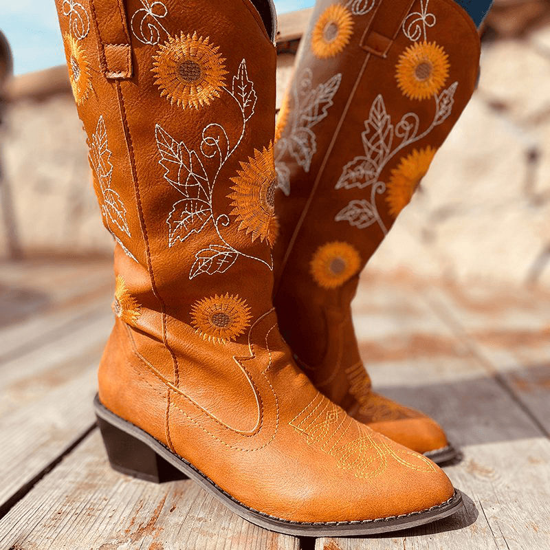 Women'S Large Size Daisy Embroidered Chunky Heel Pointed Toe Mid-Calf Cowboy Boots - MRSLM