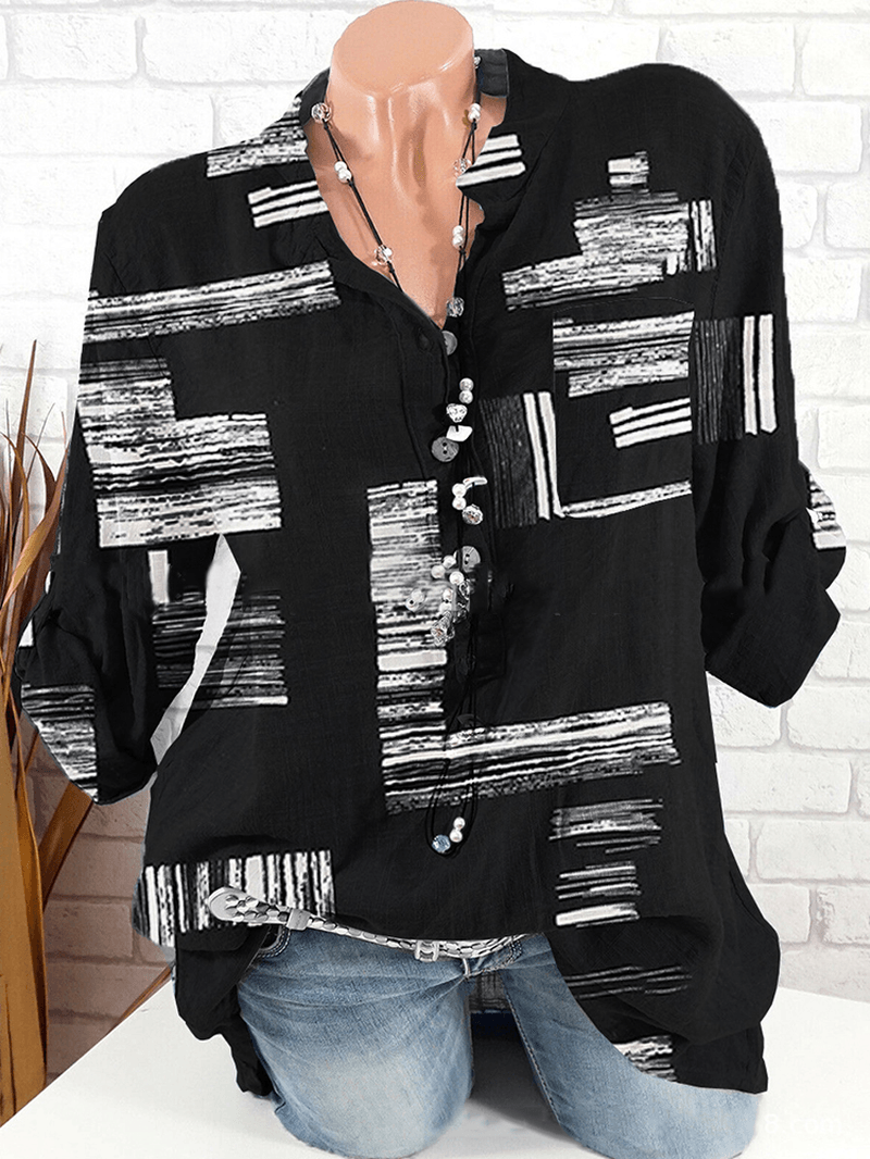 Women Vintage Printed Stand Collar Long Sleeve Button Blouse - MRSLM